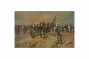 Tito Pellicciotti : Carovana nel deserto  - Asta Dipinti del XIX-XX Secolo - Associazione Nazionale - Case d'Asta italiane