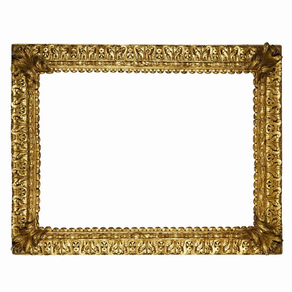 Grande cornice riccamente intagliata e dorata a foglie ed elementi geometrici. Italia centrale XVIII secolo  - Asta Cornici antiche - Associazione Nazionale - Case d'Asta italiane