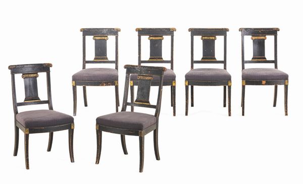 Gruppo di sei sedie in legno stile direttorio. XX secolo  - Asta Dimore Italiane - Associazione Nazionale - Case d'Asta italiane