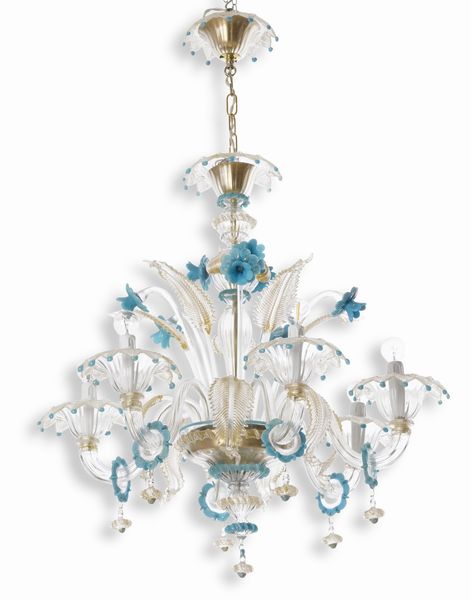 Lampadario in vetro a sei bracci. Murano, XX secolo  - Asta Dimore Italiane - Associazione Nazionale - Case d'Asta italiane