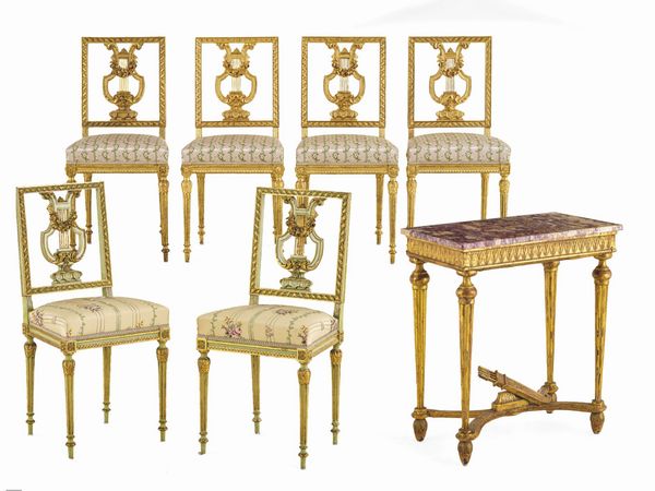 Sei sedie e tavolo da parete in stile Luigi XVI. Francia, XIX-XX secolo  - Asta Dimore Italiane - Associazione Nazionale - Case d'Asta italiane