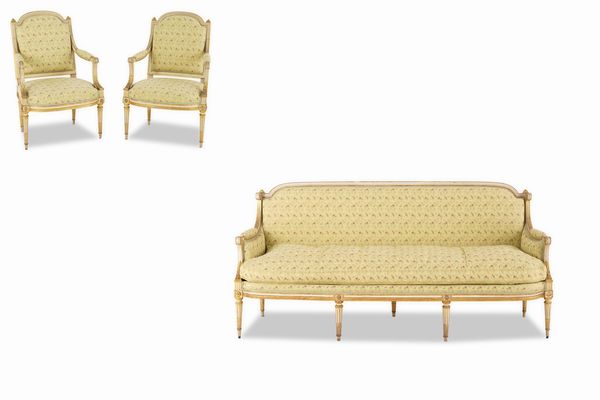 Fornitura da salotto in legno intagliato, laccato e dorato. Francia, XIX secolo  - Asta Dimore Italiane - Associazione Nazionale - Case d'Asta italiane