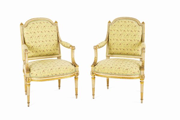 Fornitura da salotto in legno intagliato, laccato e dorato. Francia, XIX secolo  - Asta Dimore Italiane - Associazione Nazionale - Case d'Asta italiane