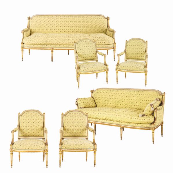 Fornitura da salotto in legno intagliato, laccato e dorato. Francia, XIX secolo  - Asta Dimore Italiane - Associazione Nazionale - Case d'Asta italiane
