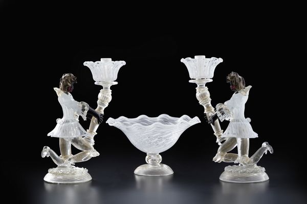 Coppia di candelieri in vetro. Murano, XX secolo  - Asta Dimore Italiane - Associazione Nazionale - Case d'Asta italiane