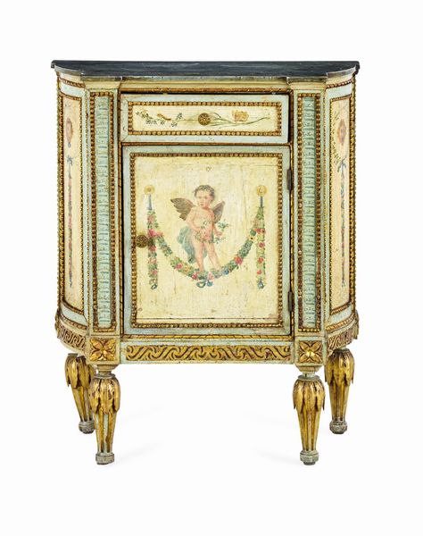 Piccolo mobile scantonato Luigi XVI in legno laccato e dorato. XVIII-XIX secolo  - Asta Dimore Italiane - Associazione Nazionale - Case d'Asta italiane