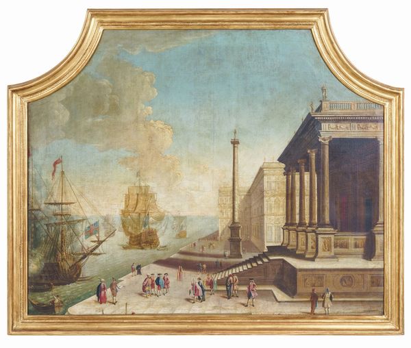 Scuola del XVIII secolo Veduta di molo con velieri e architetture  - Asta Dimore Italiane - Associazione Nazionale - Case d'Asta italiane