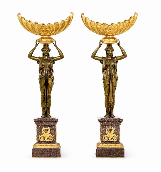 Coppia di figure femminili reggivaso in bronzo patinato e dorato. XX secolo  - Asta Dimore Italiane - Associazione Nazionale - Case d'Asta italiane