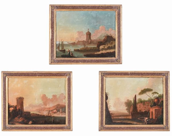 Scuola del XVIII secolo Paesaggi con architetture e figure  - Asta Dimore Italiane - Associazione Nazionale - Case d'Asta italiane