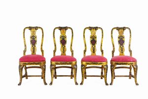 Gruppo di otto sedie in legno intagliato e laccato. Venezia, XVIII secolo  - Asta Dimore Italiane - Associazione Nazionale - Case d'Asta italiane