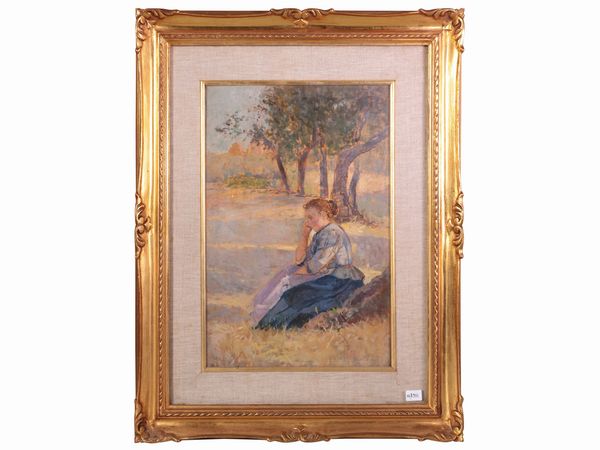 Guglielmo Micheli : Paesaggio campestre con donna seduta  - Asta Arte Moderna e Contemporanea - Associazione Nazionale - Case d'Asta italiane