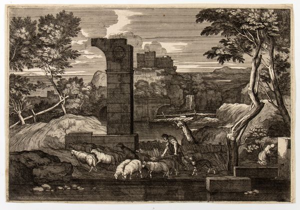 Sébastien Bourdon : Paesaggio con la parabola del Buon Samaritano - Paesaggio con pastore, pecore e cane  - Asta Stampe e Disegni dal XVI al XX secolo - Associazione Nazionale - Case d'Asta italiane