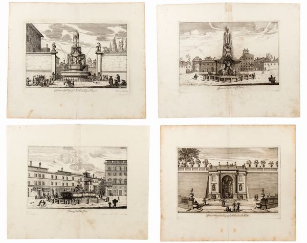Sussanna Maria Sandrart : Fontana nel castello di Bracciano - Fontana in Piazza Colonna - Fontana all'ingresso di Palazzo Aldobrandini - Fontana dei Principi di Palestrina  - Asta Stampe e Disegni dal XVI al XX secolo - Associazione Nazionale - Case d'Asta italiane