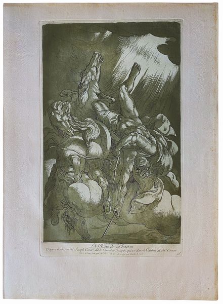 Anne Claude Philippe de Tubières, Comte de Caylus<br>Nicolas Lesueur : La Chute de Phaton, da Giuseppe Cesari detto Cavaliere dArpino.  - Asta Stampe e Disegni dal XVI al XX secolo - Associazione Nazionale - Case d'Asta italiane