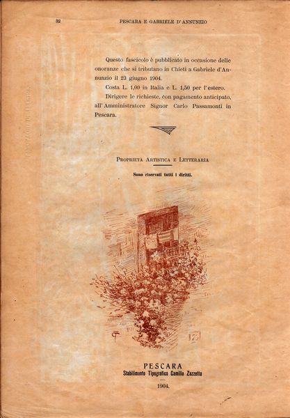 BASILIO CASCELLA (Pescara, 1860 - Roma, 1950) : Pescara e Gabriele d'Annunzio  - Asta Stampe e Disegni dal XVI al XX secolo - Associazione Nazionale - Case d'Asta italiane
