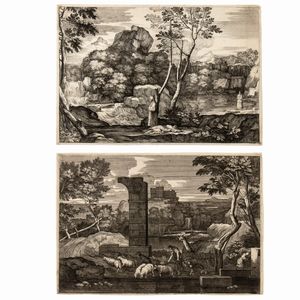 Sébastien Bourdon - Paesaggio con la parabola del Buon Samaritano - Paesaggio con pastore, pecore e cane