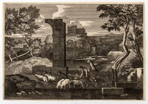 Sébastien Bourdon : Paesaggio con la parabola del Buon Samaritano - Paesaggio con pastore, pecore e cane  - Asta Stampe e Disegni dal XVI al XX secolo - Associazione Nazionale - Case d'Asta italiane