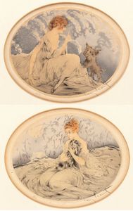 LOUIS ICART - Fanciulla con un zwergschnauzer - Fanciulla con un schitzu