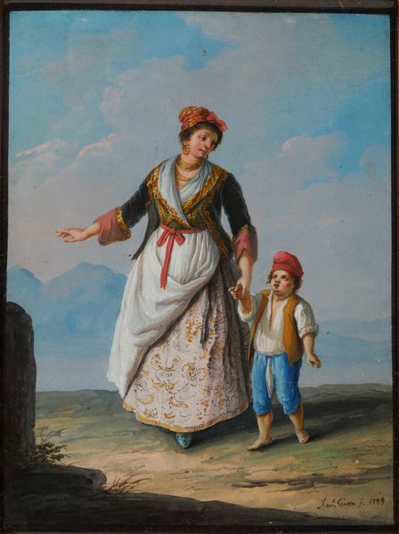 Saverio della Gatta : Madre e figlio in costumi tradizionali  - Asta Dipinti Antichi - Associazione Nazionale - Case d'Asta italiane