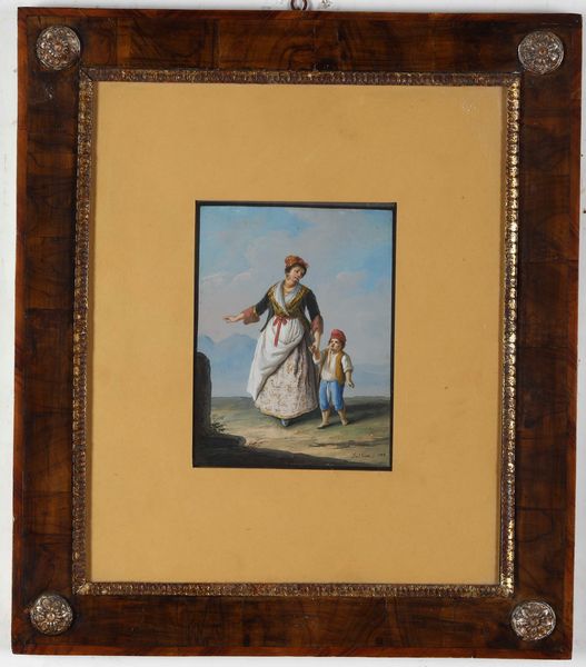 Saverio della Gatta : Madre e figlio in costumi tradizionali  - Asta Dipinti Antichi - Associazione Nazionale - Case d'Asta italiane