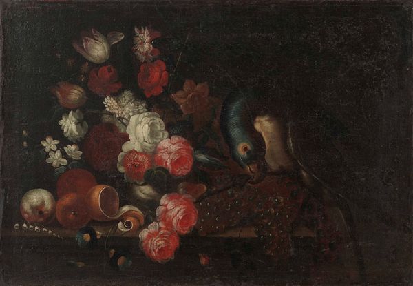 Scuola del XVIII secolo Composizione con fiori e pappagallo  - Asta Dipinti Antichi - Associazione Nazionale - Case d'Asta italiane