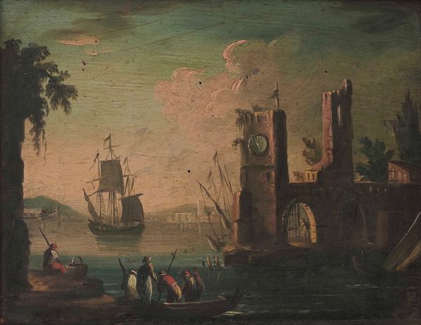 Francesco Antoniani : Veduta costiera con imbarcazioni e architetture  - Asta Dipinti Antichi - Associazione Nazionale - Case d'Asta italiane