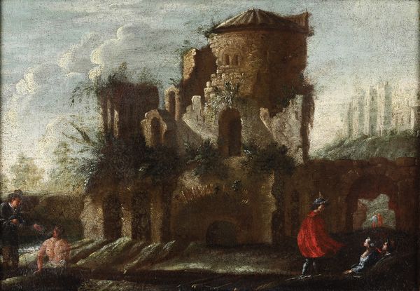 Scuola del XVII secolo Paesaggio con architetture e figure  - Asta Dipinti Antichi - Associazione Nazionale - Case d'Asta italiane