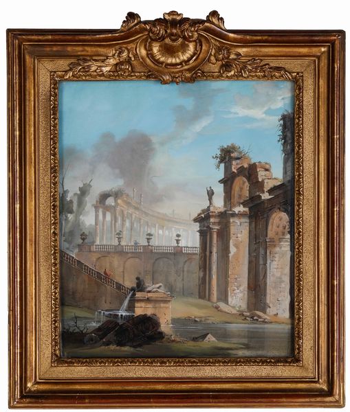 Scuola del XVIII secolo Capriccio con rovine classiche e fontana  - Asta Dipinti Antichi - Associazione Nazionale - Case d'Asta italiane