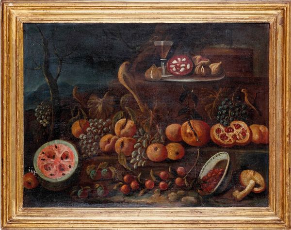 Scuola romana del XVIII secolo Natura morta con frutta, funghi e uccellini  - Asta Dipinti Antichi - Associazione Nazionale - Case d'Asta italiane