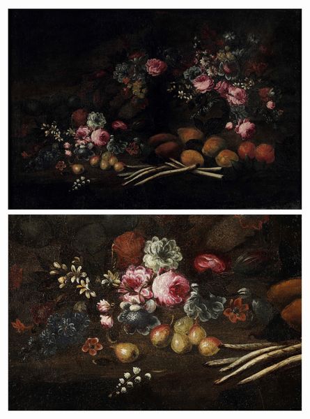 Scuola del XVIII secolo Natura morta con fiori, frutti e ortaggi  - Asta Dipinti Antichi - Associazione Nazionale - Case d'Asta italiane