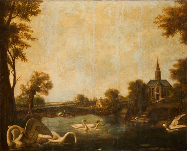 Scuola del XVII secolo Paesaggio con lago  - Asta Dipinti Antichi - Associazione Nazionale - Case d'Asta italiane