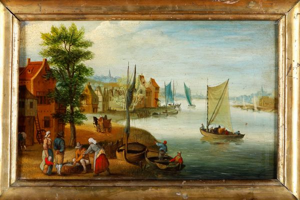 Scuola del XIX/XX secolo Paesaggio costiero con figure e imbarcazioni  - Asta Dipinti Antichi - Associazione Nazionale - Case d'Asta italiane