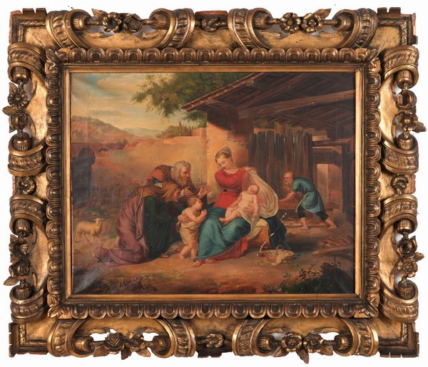 Scuola del XIX secolo Sacra Famiglia con San Giovannino e Sant'Anna  - Asta Dipinti Antichi - Associazione Nazionale - Case d'Asta italiane