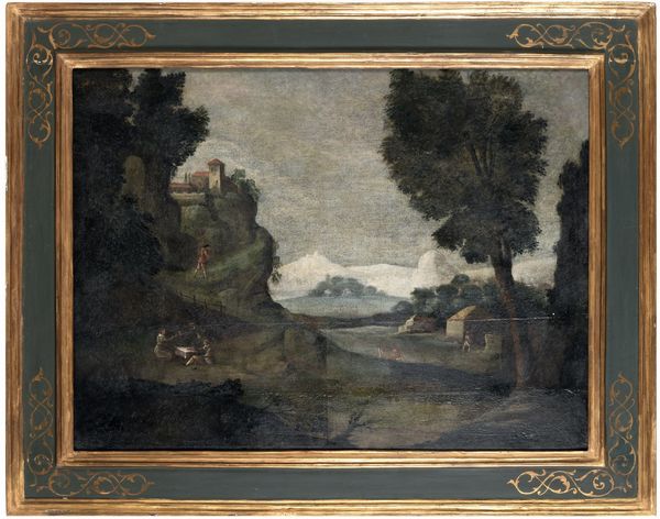 Scuola del XVIII secolo Paesaggio montano con figure di contadini  - Asta Dipinti Antichi - Associazione Nazionale - Case d'Asta italiane