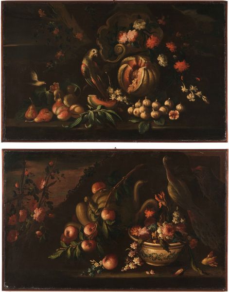 Scuola del XVIII secolo Composizioni con fiori, frutti e volatili  - Asta Dipinti Antichi - Associazione Nazionale - Case d'Asta italiane