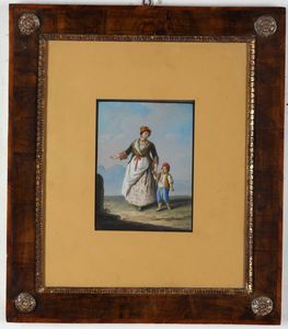 Saverio della Gatta : Madre e figlio in costumi tradizionali  - Asta Dipinti Antichi - Associazione Nazionale - Case d'Asta italiane