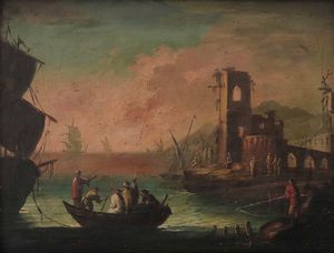Francesco Antoniani - Veduta costiera con imbarcazioni e architetture