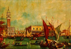 A. Zanini (attivo nel XIX secolo) - Veduta di Venezia con il ponte di Rialto