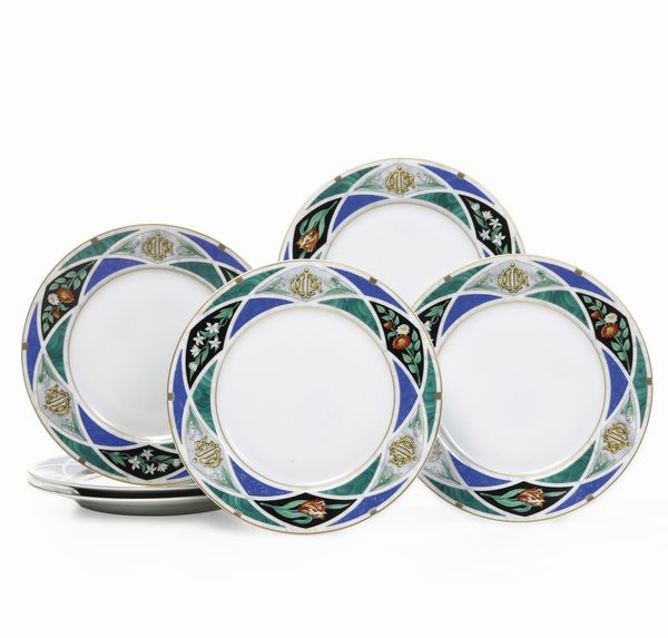 Sei piatti da dessert Dioricis. <BR>Francia, Manifattura di Limoges per Christian Dior, 1960-1970 circa.<BR>  - Asta  Arredi per la tavola - Associazione Nazionale - Case d'Asta italiane