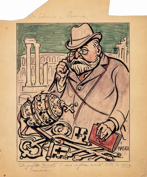 Nasica (Augusto Majani) : Re Edoardo a Roma  - Asta Fumetti: Tavole e Illustrazioni Originali - Associazione Nazionale - Case d'Asta italiane