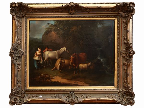Scuola europea della fine del XIX secolo : Paesaggio con contadini e armenti  - Asta Un'antica dimora marchigiana: Arredi antichi e Arte contemporanea - Associazione Nazionale - Case d'Asta italiane