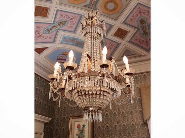 Grande lampadario a paniere in vetro e metallo dorato  - Asta Un'antica dimora marchigiana: Arredi antichi e Arte contemporanea - Associazione Nazionale - Case d'Asta italiane