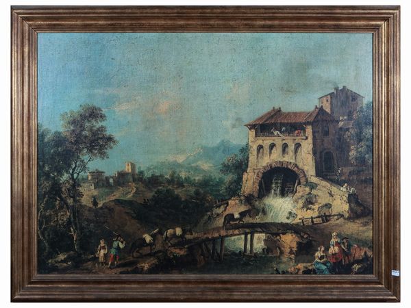 Paesaggio con mulino, ponte e viandanti  - Asta Un'antica dimora marchigiana: Arredi antichi e Arte contemporanea - Associazione Nazionale - Case d'Asta italiane