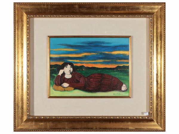 Domenico Cantatore : Donna sdraiata  - Asta Un'antica dimora marchigiana: Arredi antichi e Arte contemporanea - Associazione Nazionale - Case d'Asta italiane