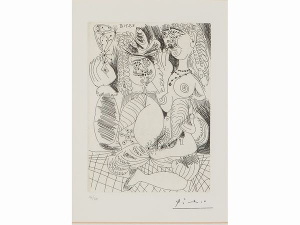 Pablo Picasso : Uomo che tiene un bicchiere in compagnia di una nuda amante (1971)  - Asta Un'antica dimora marchigiana: Arredi antichi e Arte contemporanea - Associazione Nazionale - Case d'Asta italiane