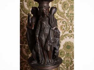 Grande lume ad olio o gas in antimonio  - Asta Un'antica dimora marchigiana: Arredi antichi e Arte contemporanea - Associazione Nazionale - Case d'Asta italiane