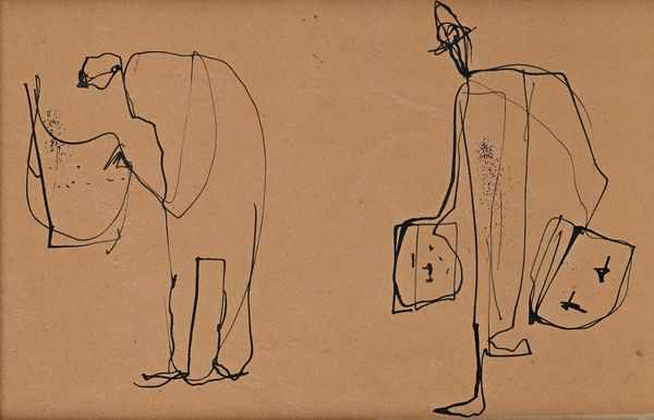 Giovanni Stradone : Uomini con valige e giornali  - Asta Arte Moderna e Contemporanea - Associazione Nazionale - Case d'Asta italiane