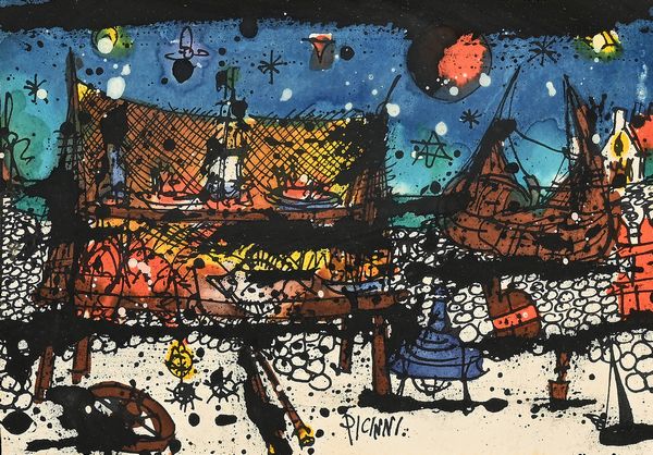 Gennaro Picinni : Paesaggio nordico con cielo stellato e palafitta  - Asta Arte Moderna e Contemporanea - Associazione Nazionale - Case d'Asta italiane