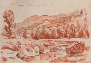 Raffaele De Grada - Paesaggio collinare e borgo turrito