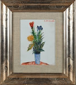 Giovanni Omiccioli : Vaso di fiori su fondo bianco  - Asta Arte Moderna e Contemporanea - Associazione Nazionale - Case d'Asta italiane